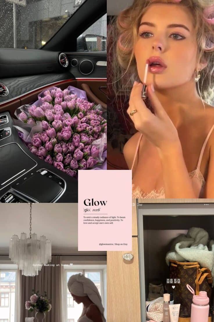 46ecb64f-00f3-4956-a2da-97665532962a - Handy Home Collage of luxury lifestyle: tulips in car, woman applying lipstick, glowing mantra, baking at home, chic essentials displayed.