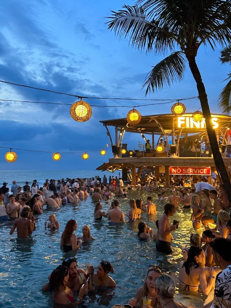 59b7ca27-d6e4-475a-9dba-86559df5ee94 - Handy Home Beach club night party with people enjoying a pool under string lights and palm trees, creating a tropical vibe.