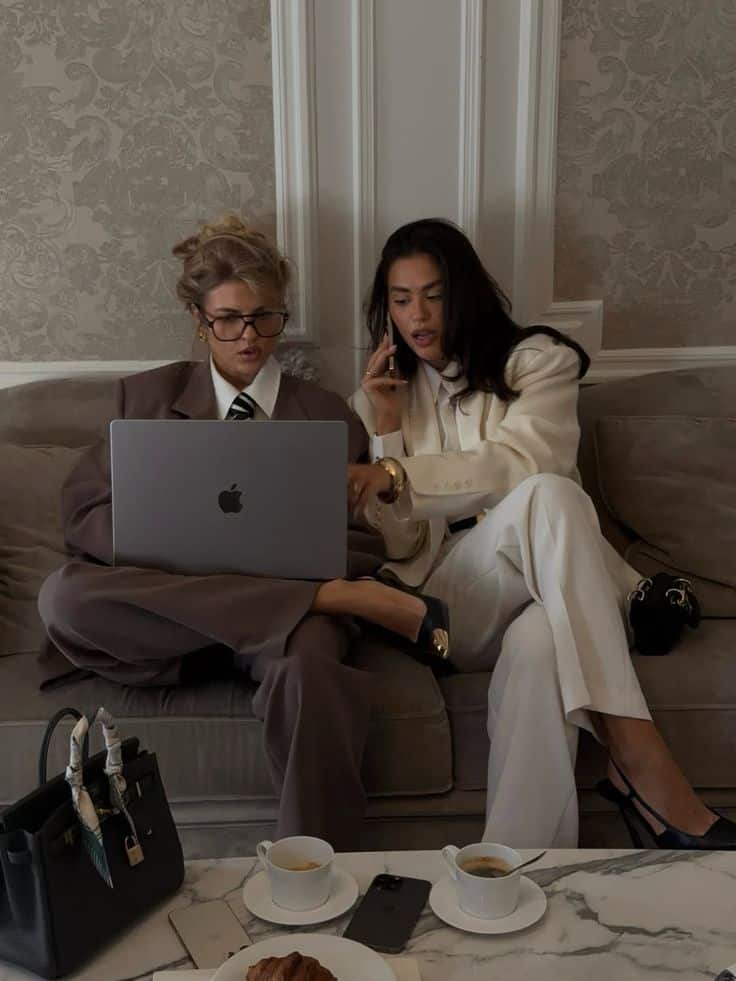 5d2996ca-646d-4afd-bc0f-d6509977b08d - Handy Home Two women in stylish suits working on a laptop, enjoying coffee in a cozy, elegant room.