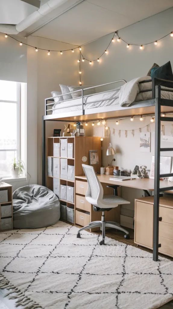 60 Dorm Room Inspiration 2025_ Stylish Ideas for Every College Student Stylish loft bedroom with a workspace, cozy decor, and string lights; perfect for inspiration and productivity. - Handy Home Stylish loft bedroom with a workspace, cozy decor, and string lights; perfect for inspiration and productivity.