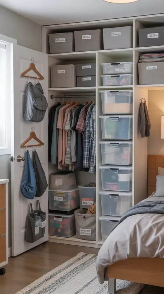 64 Dorm Room Decorate Ideas 2026_ Stylish Cozy College Room Inspiration Organized bedroom closet with clothing, labeled bins, and stacked storage boxes for efficient space use. - Handy Home Organized bedroom closet with clothing, labeled bins, and stacked storage boxes for efficient space use.