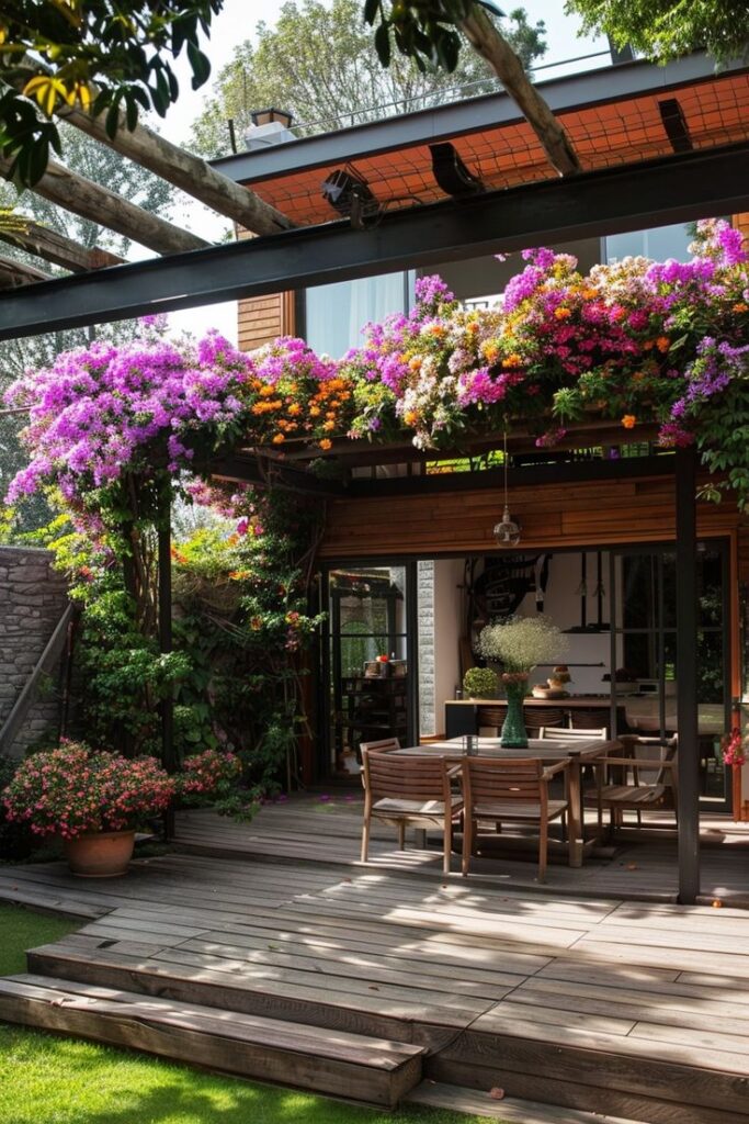 65 Fresh Garden Nook Ideas Youll Love Modern patio with wooden deck, dining set, and vibrant flower pergola, creating a perfect outdoor relaxation space. - Handy Home Modern patio with wooden deck, dining set, and vibrant flower pergola, creating a perfect outdoor relaxation space.