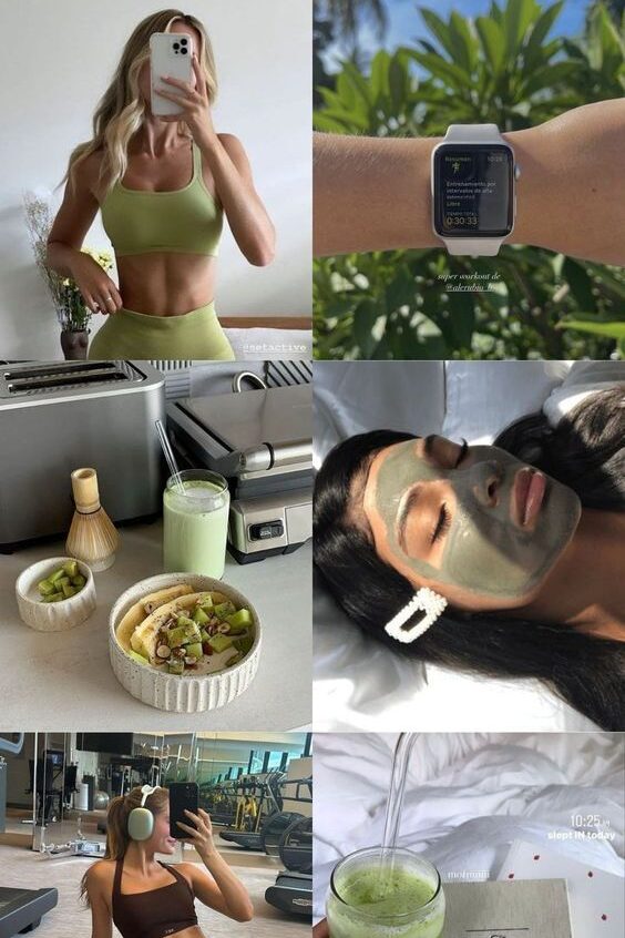 6709eb66-388c-4f0a-a7fa-1c8c6240e39d - Handy Home Collage of wellness: fitness outfits, smartwatch, healthy meals, facial mask, and green juice in a cozy, healthy lifestyle setting.