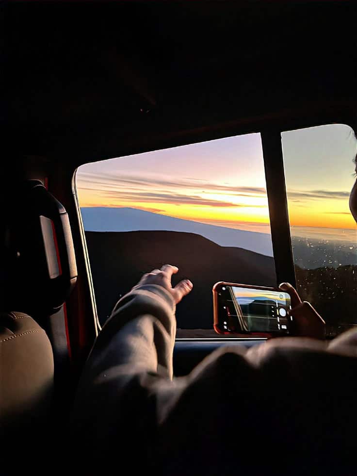 90bad122-4746-4fe2-b74b-7d8026c80bed - Handy Home Person in car capturing stunning sunset view through window, highlighting vibrant sky and silhouetted hills.