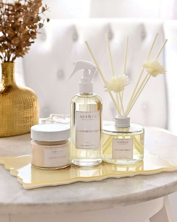 94fd238f-574e-4c68-ab93-91815e76fb52 - Handy Home Coconut mango scented products on a tray include candles, spray, and reed diffuser next to a gold vase on a marble table.
