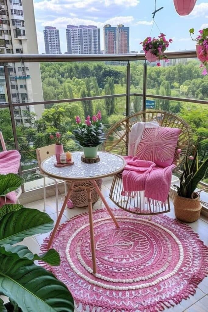 Cozy balcony with pink decor, plants, and city view. Relaxing outdoor space with a chair, table, and vibrant rug.