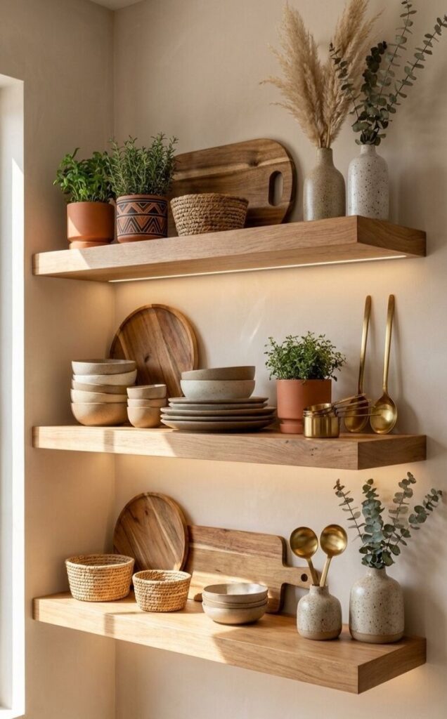 Afrohemian Kitchen Shelves Styled with Natural Woods Neutral Décor Minimalist kitchen shelves with ceramic dishes, potted plants, wooden trays, and decorative vases. Earthy tones with natural light. - Handy Home Minimalist kitchen shelves with ceramic dishes, potted plants, wooden trays, and decorative vases. Earthy tones with natural light.