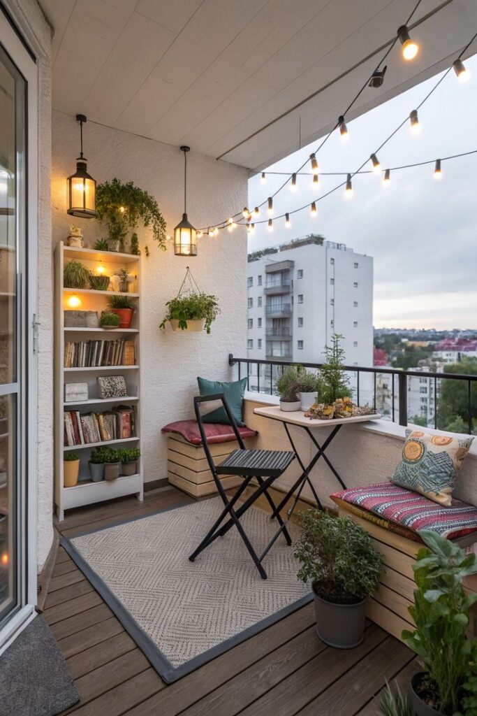 Apartment Balcony Décor_ Transform Your Outdoor Space - Handy Home Cozy balcony with string lights, plants, and outdoor seating, ideal for relaxation and enjoying city views. Perfect small space design.