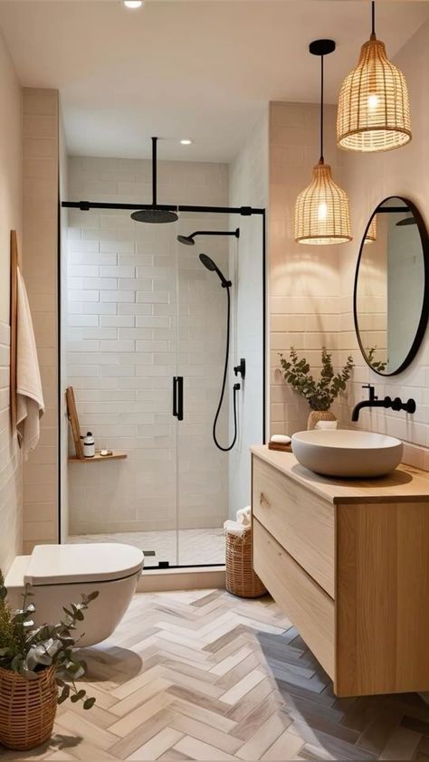 Arthetec on X - - Handy Home Modern bathroom with glass shower, wood vanity, round mirror, and woven pendant lights creating a cozy, minimalist aesthetic.