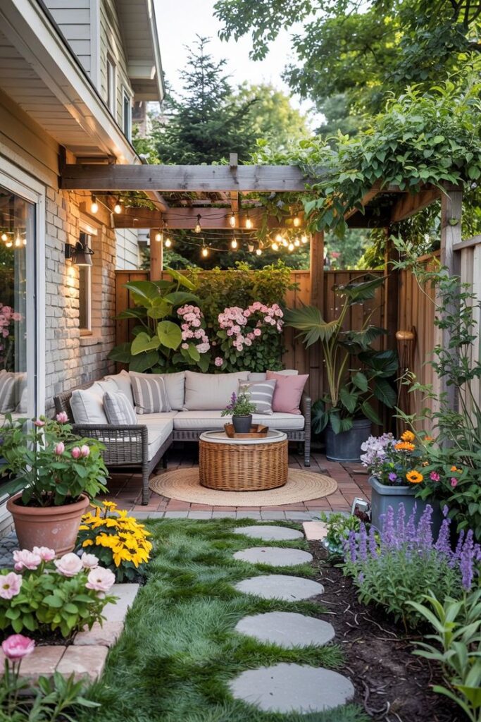Backyard Garden Aesthetic Ideas_ Create a Serene and Stylish Outdoor Space Cozy backyard patio with string lights, lush greenery, and flowers, featuring a comfortable seating area and stone pathway. - Handy Home Cozy backyard patio with string lights, lush greenery, and flowers, featuring a comfortable seating area and stone pathway.