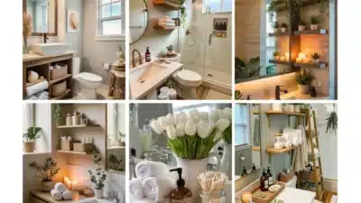 Stylish bathroom decor with modern accents, plants, candles, and towels creating a serene and inviting atmosphere.