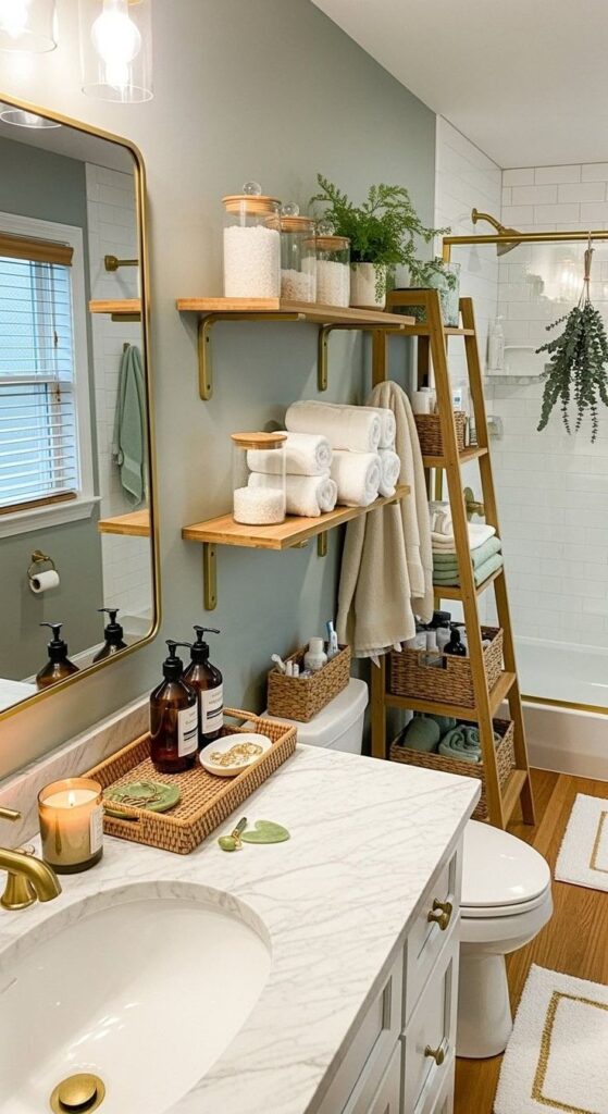 Bathroom Ideas - Handy Home Modern bathroom with gold accents, marble countertop, wooden shelves, towels, and plants for a stylish, organized look.