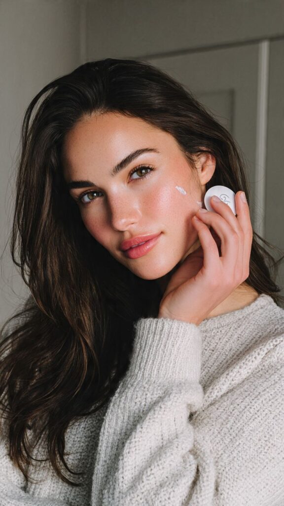 Best Hydrating Moisturizer + SPF Combo for Winter _ Protect Nourish Dry Skin All Season - Handy Home Woman applying cream to her cheek, promoting healthy skin care routine. Cozy sweater, natural makeup, and radiant complexion.
