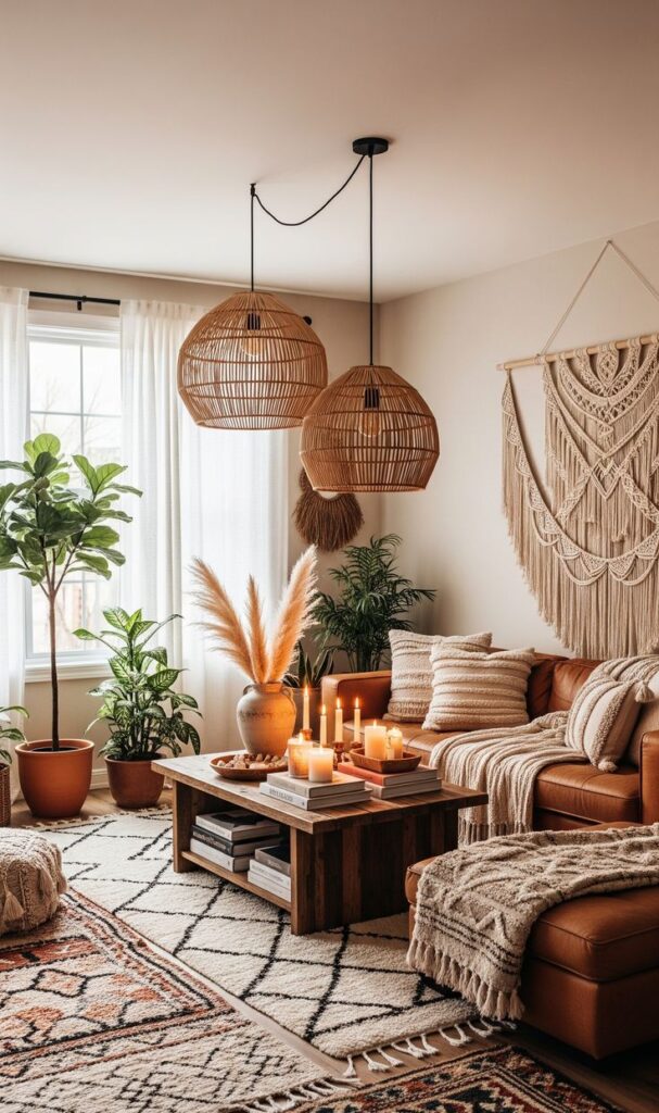 Cozy boho living room with wicker lamps, leather sofa, macrame wall hanging, plants, and candles on a wooden table.