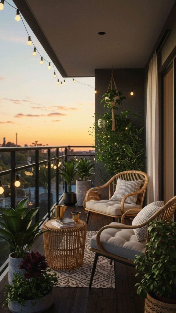 _Boho Balcony Ideas_ Transform Your Space with Chic Decor_ - Handy Home Cozy balcony with lights, lush plants, and wicker seating at sunset for a serene evening retreat.
