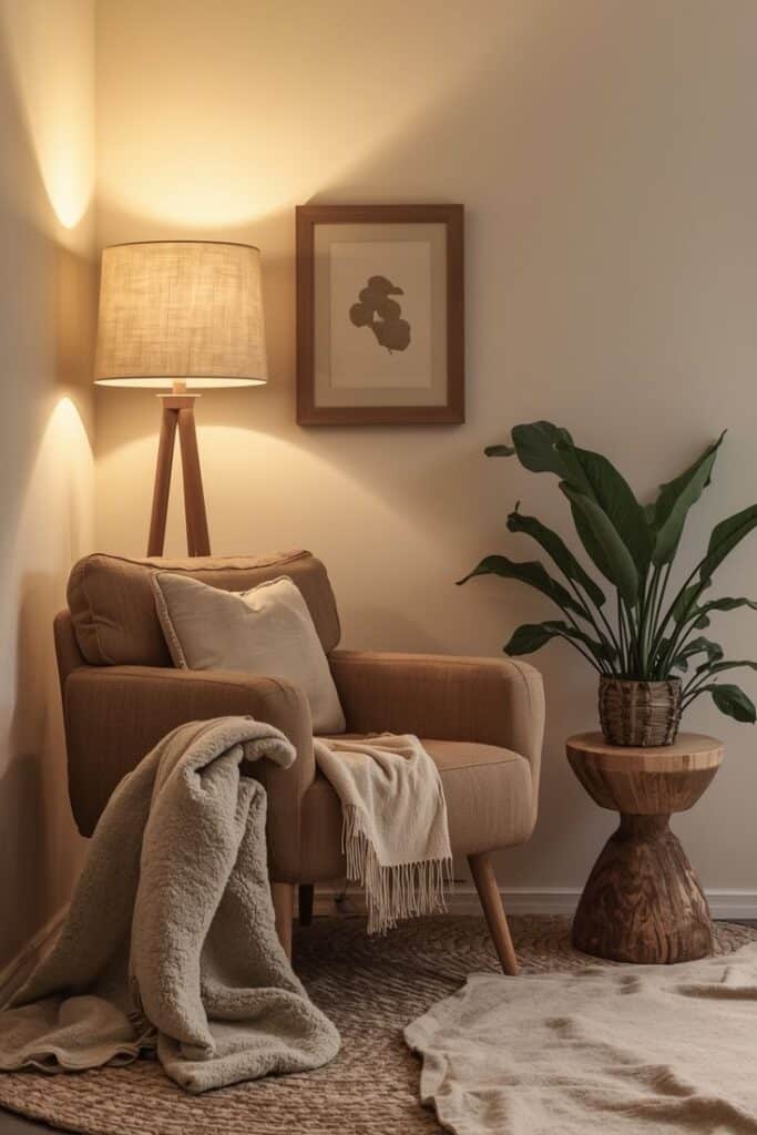 Boho Cozy Living Room Corner 🤎🧺 - Handy Home Cozy living room corner with a warm lamp, plush chair, soft blanket, and a green plant. Ideal for relaxation and reading.