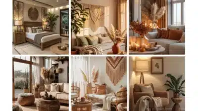 Boho interior design collage with cozy bedrooms and living rooms featuring plants, woven textures, and warm earthy tones.