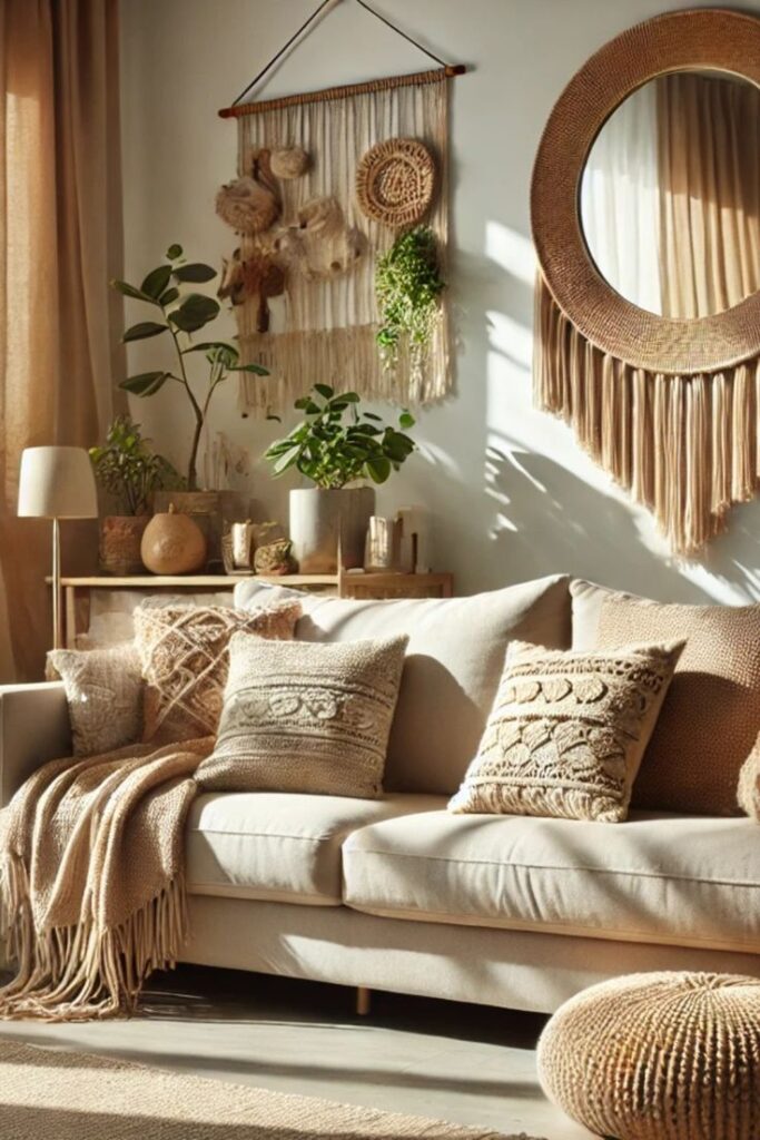 Cozy boho living room with beige sofa, woven pillows, macramé wall art, and plants. Earthy, relaxed decor vibe.