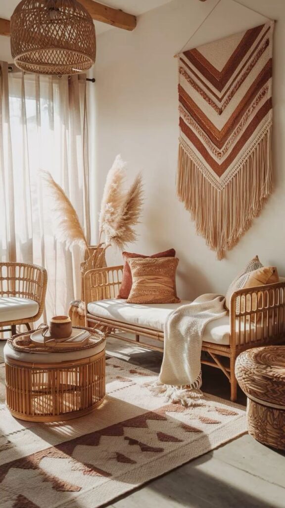 Boho Wall Art Ideas to Elevate Your Space 🌿 - Handy Home Boho-style living room with rattan furniture, a macrame wall hanging, pampas grass, and cozy pillows in warm, natural tones.