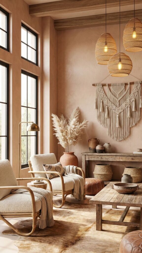 Boho Western Chic Modern Home Decor _ Cozy Textured Interior Inspo - Handy Home Cozy boho-style living room with rattan chairs, macrame wall art, pampas grass, and woven pendant lights. Warm, natural tones.