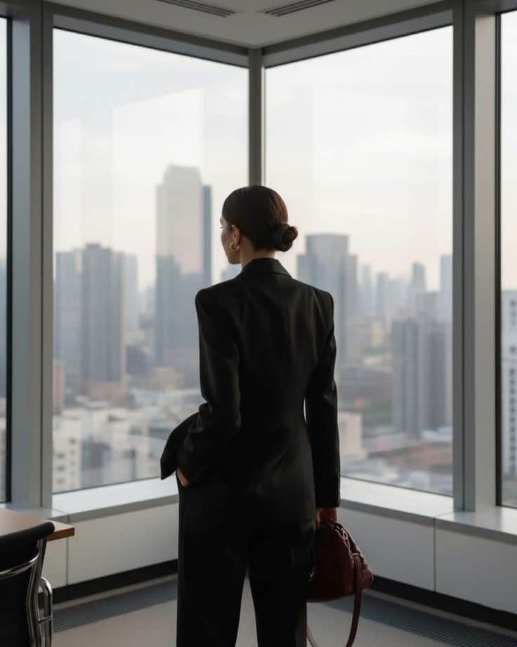 Boss lady🖤 - Handy Home Woman in a black suit stands in a modern office, gazing out at a city skyline through large windows, exuding confidence and ambition.