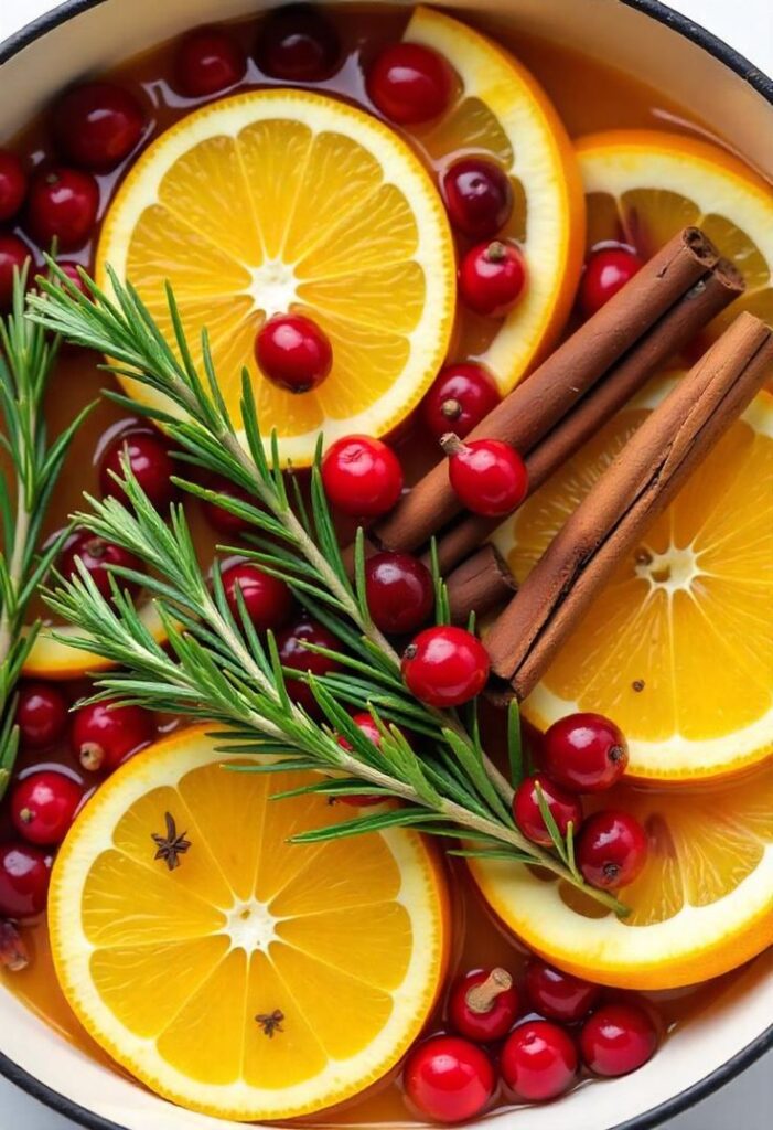 CHRISTMAS SIMMER POT - Handy Home Festive holiday drink with orange slices, cranberries, cinnamon sticks, and rosemary for a fresh, aromatic winter beverage.