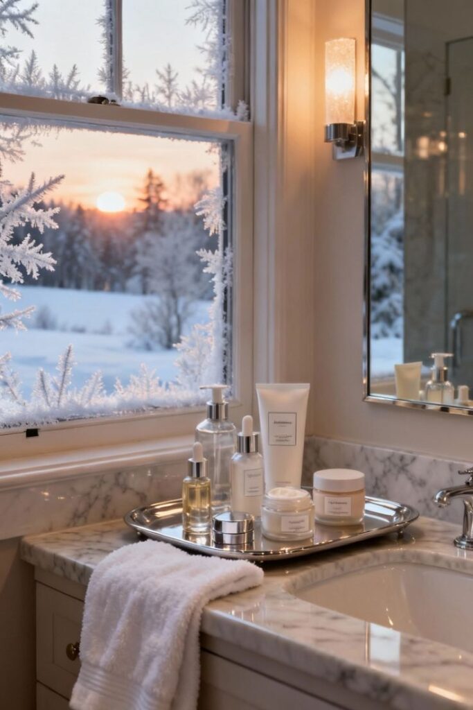 Celebrity Winter Skincare Under Hydration for Dry Winter Skin - Handy Home Cozy bathroom with skincare products on marble counter, frosty window view of winter sunrise in the background.