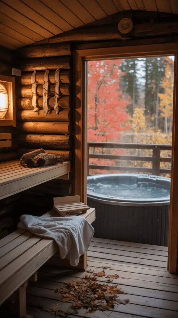 Chic + Cozy Cabin Style Sauna Goals You Can Recreate _ Cozy wooden sauna with a view of a hot tub and vibrant autumn trees. Relaxing spa retreat in nature. - Handy Home Cozy wooden sauna with a view of a hot tub and vibrant autumn trees. Relaxing spa retreat in nature.
