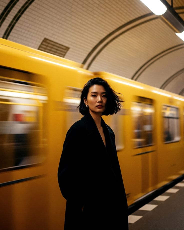Cinematic Subway Portrait Slow Shutter Street Photography - Handy Home Woman in black coat stands in subway station as yellow train speeds by, creating a dynamic urban scene.