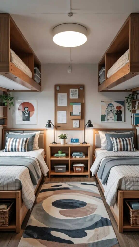 College Dorm Room Ideas 2026 - Dorm Inspiration for Modern Students Stylish shared bedroom with twin beds, cozy bedding, wall art, and ample storage, perfect for a modern dorm or guest room setup. - Handy Home Stylish shared bedroom with twin beds, cozy bedding, wall art, and ample storage, perfect for a modern dorm or guest room setup.