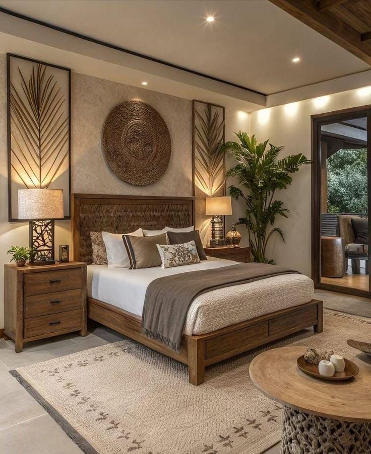 Color Harmony Palettes 🎨 _ Curated Whole House Paint Palettes for Timeless Trendy Homes _ Perfect копия - Handy Home Modern bedroom with wooden furniture, cozy bed, decorative plants, and warm lighting for a serene, stylish ambiance.