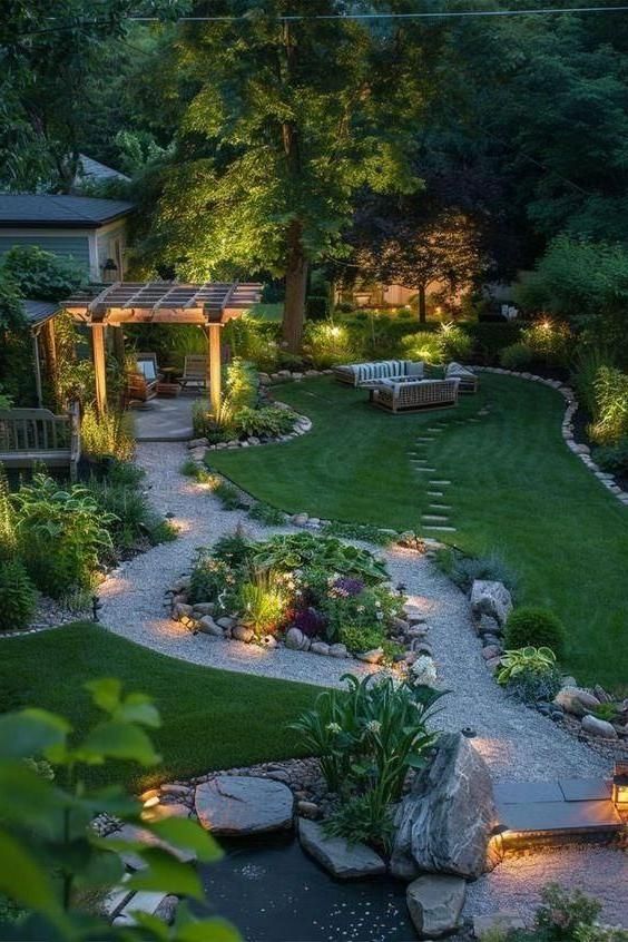 Color Harmony Palettes 🎨 _ Curated Whole House Paint Palettes for Timeless Trendy Homes _ Perfect Serene backyard garden at dusk with illuminated pathway, pergola, seating, and lush greenery, creating a tranquil outdoor retreat. - Handy Home Serene backyard garden at dusk with illuminated pathway, pergola, seating, and lush greenery, creating a tranquil outdoor retreat.