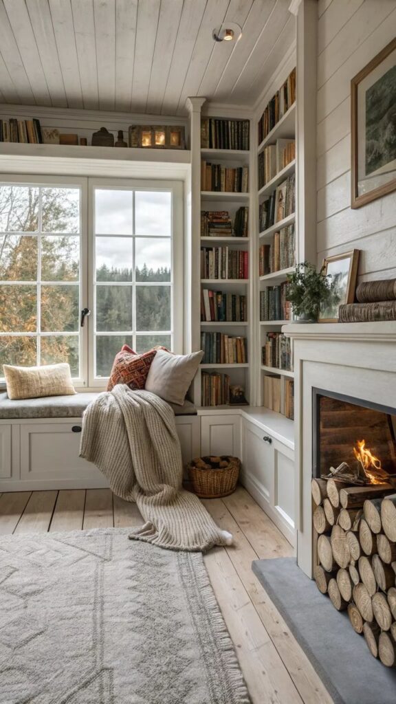 Color Harmony Palettes 🎨 _ Curated Whole House Paint Palettes for Timeless Trendy Homes _ Perfect Cozy reading nook by the window with bookshelves, a soft throw blanket, and a lit fireplace, creating a warm, inviting atmosphere. - Handy Home Cozy reading nook by the window with bookshelves, a soft throw blanket, and a lit fireplace, creating a warm, inviting atmosphere.