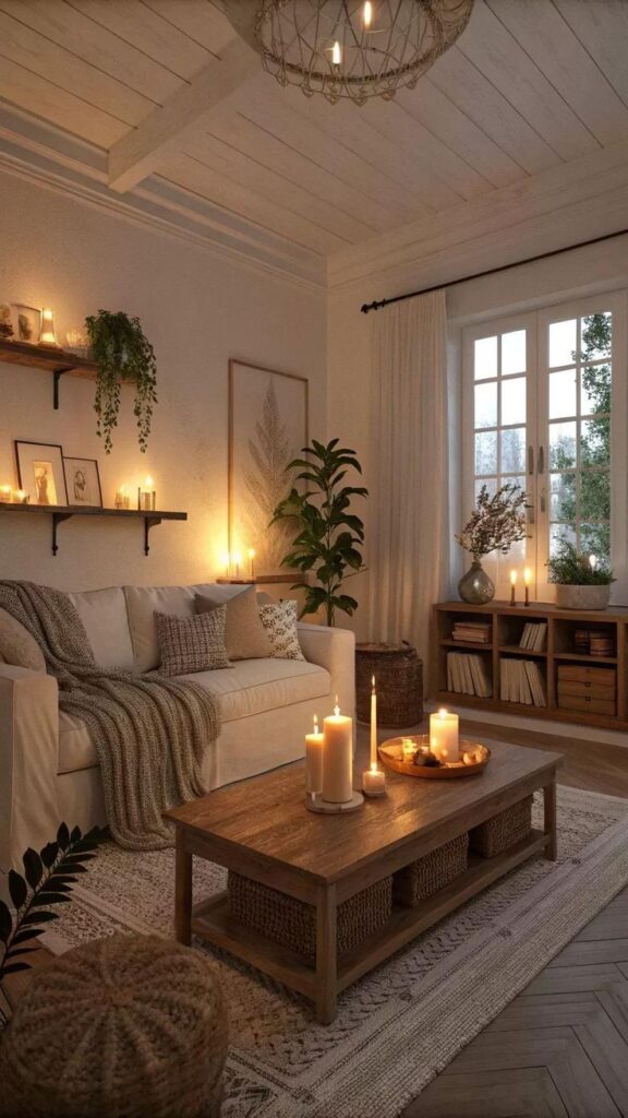 Color Harmony Palettes 🎨 _ Curated Whole House Paint Palettes for Timeless Trendy Homes _ Perfect - Handy Home Cozy living room with candles, plants, and soft lighting. Warm ambiance with a wooden table, plush sofa, and decor accents.