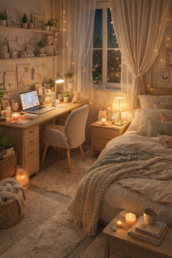 Cozy Aesthetic Bedroom Workspace ✨ Warm Study Corner Dreamy Night Setup Cozy bedroom with a lit desk, laptop, candles, and soft lighting, creating a warm, inviting atmosphere for relaxation and work. - Handy Home Cozy bedroom with a lit desk, laptop, candles, and soft lighting, creating a warm, inviting atmosphere for relaxation and work.