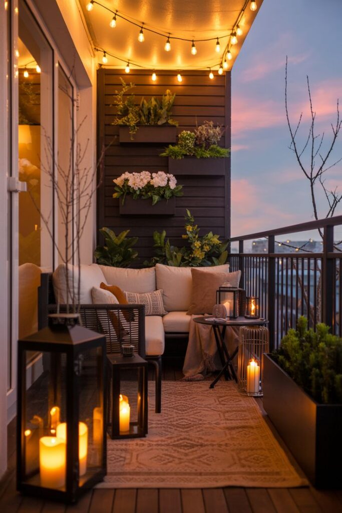 Cozy Balcony Decor Warm Evening Ambiance with String Lights - Handy Home Cozy balcony with string lights, lush plants, and candles on a rug, perfect for a relaxing evening retreat.