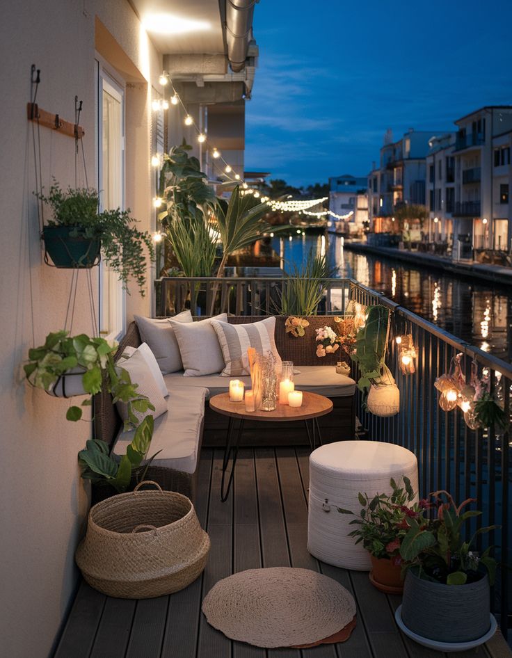 Cozy Balcony Makeover Ideas for Any Budget You Should Try - Handy Home Cozy balcony with candles, string lights, and plants overlooking a canal at night. Relaxing outdoor seating area.