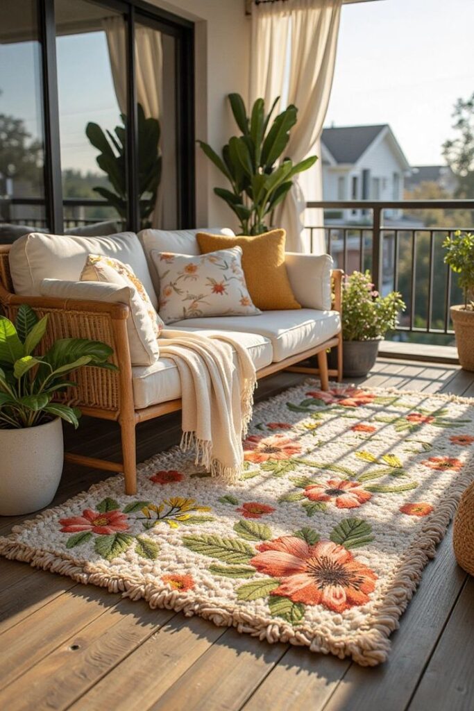 Cozy patio with floral rug, wicker sofa, and lush plants, perfect for relaxing in the sunlit outdoor space.