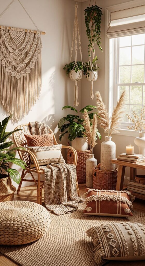 Cozy Boho Corner Setup room decor aesthetic for warm relaxing spaces - Handy Home Boho-chic living room with macramé wall art, rattan chairs, cozy pillows, and lush plants by a sunlit window. Perfect for a serene retreat.