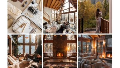 Cozy cabin scenes: travel essentials, warm interiors, autumn views, and relaxing by the fire. Perfect for a fall retreat.