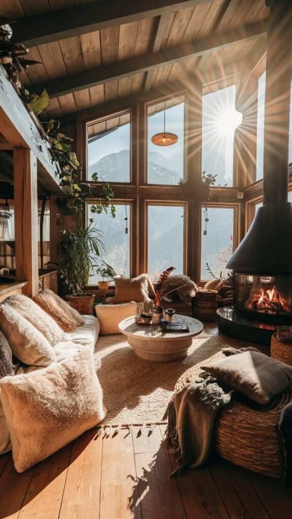 Cozy Cabin Vibes_ Decor Tips for Your Mountain Getaway Cozy mountain cabin living room with sunlit windows, rustic decor, fireplace, and plush seating, creating a warm, inviting ambiance. - Handy Home Cozy mountain cabin living room with sunlit windows, rustic decor, fireplace, and plush seating, creating a warm, inviting ambiance.