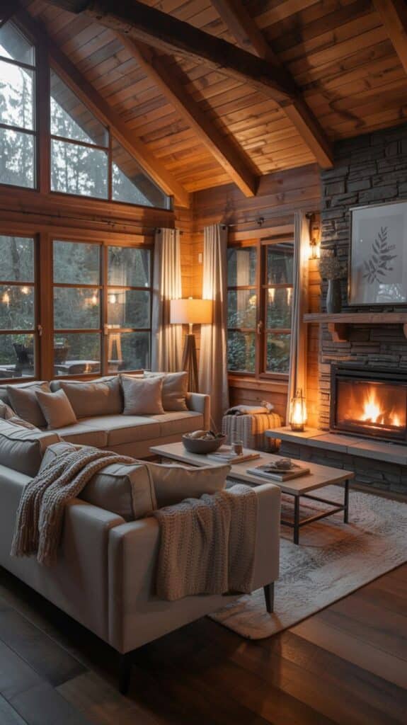 Cozy Cabin in the Woods Aesthetic_ Rustic Luxury Retreat Ideas for a Peaceful Getaway Cozy rustic living room with wooden beams, fireplace, and plush sofas, creating a warm, inviting atmosphere. - Handy Home Cozy rustic living room with wooden beams, fireplace, and plush sofas, creating a warm, inviting atmosphere. Cozy Cabin Trip