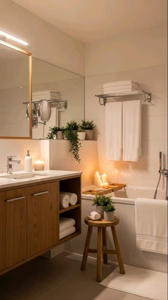 Cozy Calming Bathroom Retreat_ Spa-Like Design Ideas - Handy Home Modern bathroom with wooden cabinets, ambient candles, and potted plants creating a relaxing spa-like atmosphere.