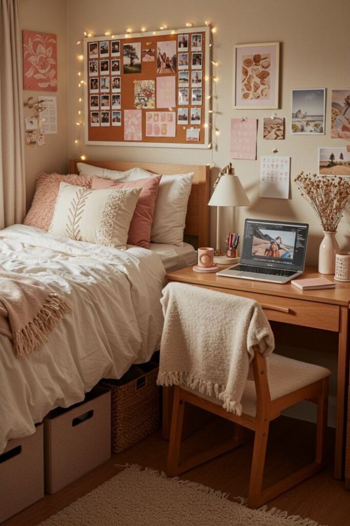 Cozy College Dorm Room Ideas for Girls _ Apartment Decorating Budget-Friendly Dorm Aesthetic Cozy dorm room with soft lighting, laptop on desk, photo collage on wall, and neatly decorated bed with pillows and throws. - Handy Home Cozy dorm room with soft lighting, laptop on desk, photo collage on wall, and neatly decorated bed with pillows and throws.