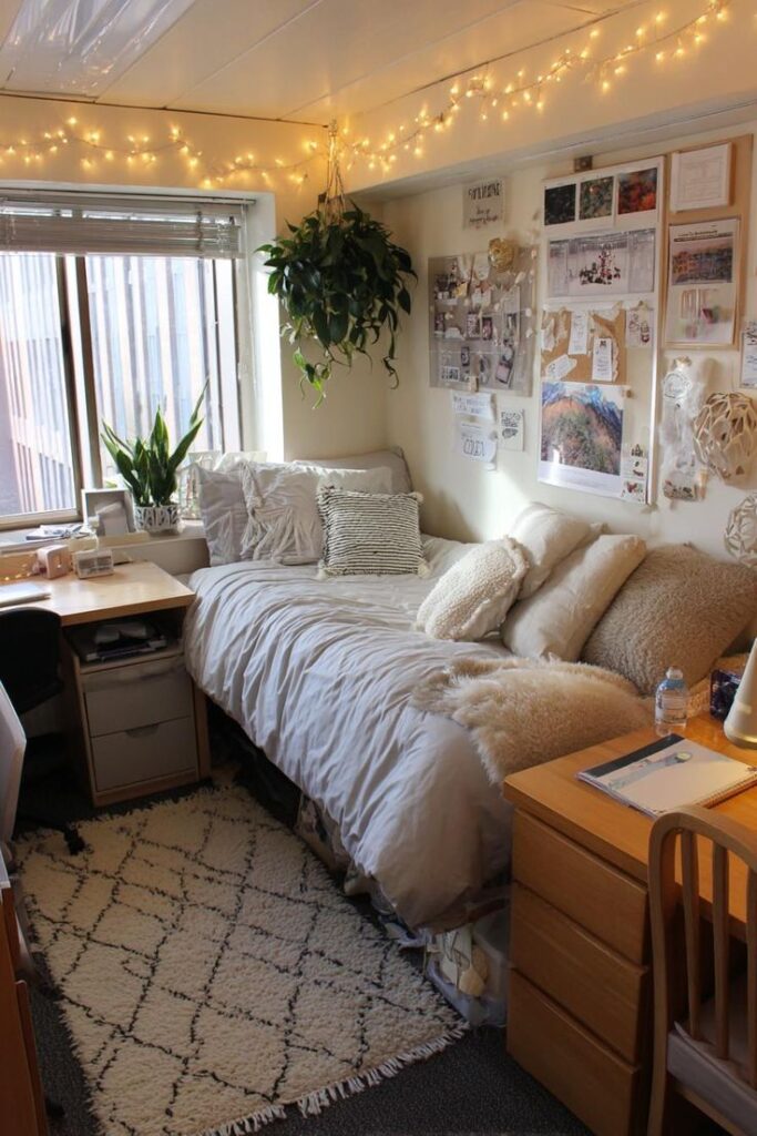 Cozy Dorm Room Ideas for an Eco-Friendly Refresh Cozy dorm room with fairy lights, plants, and a comfy bed near a study desk. Perfect for relaxation and productivity. - Handy Home Cozy dorm room with fairy lights, plants, and a comfy bed near a study desk. Perfect for relaxation and productivity.