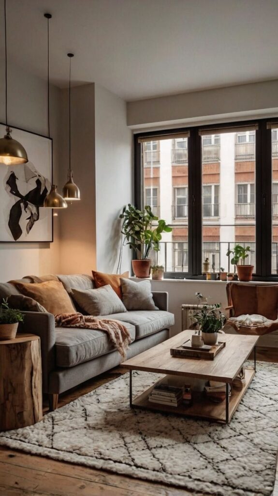 Cozy Living Room Decor_ Simple Ideas for a Relaxing and Stylish Space - Handy Home Cozy living room with a modern grey sofa, wooden coffee table, and large window light. Plush rug and indoor plants enhance the decor. Living Room Layout