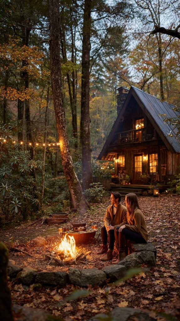 Cozy Nights by the Fire Pit Couple enjoys a cozy campfire outside a rustic cabin in the autumn forest, creating a warm and inviting atmosphere. - Handy Home Couple enjoys a cozy campfire outside a rustic cabin in the autumn forest, creating a warm and inviting atmosphere.