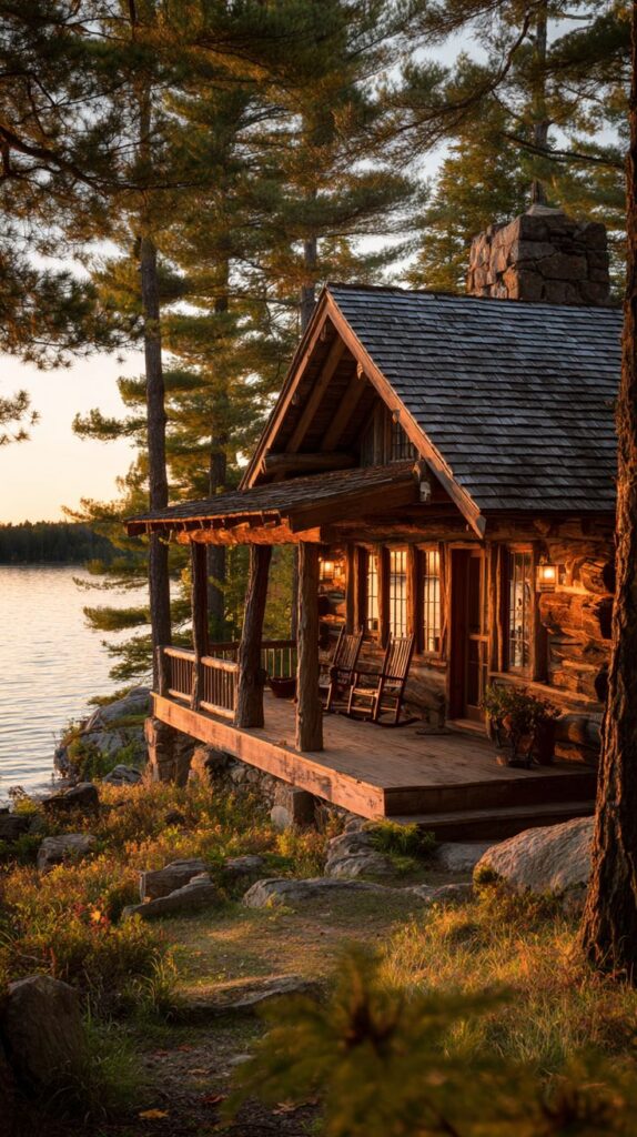 Cozy Retreat Amidst Natures Splendor Cozy lakeside log cabin with rocking chairs on porch at sunset, nestled among tall pines and overlooking tranquil water. - Handy Home Cozy lakeside log cabin with rocking chairs on porch at sunset, nestled among tall pines and overlooking tranquil water.