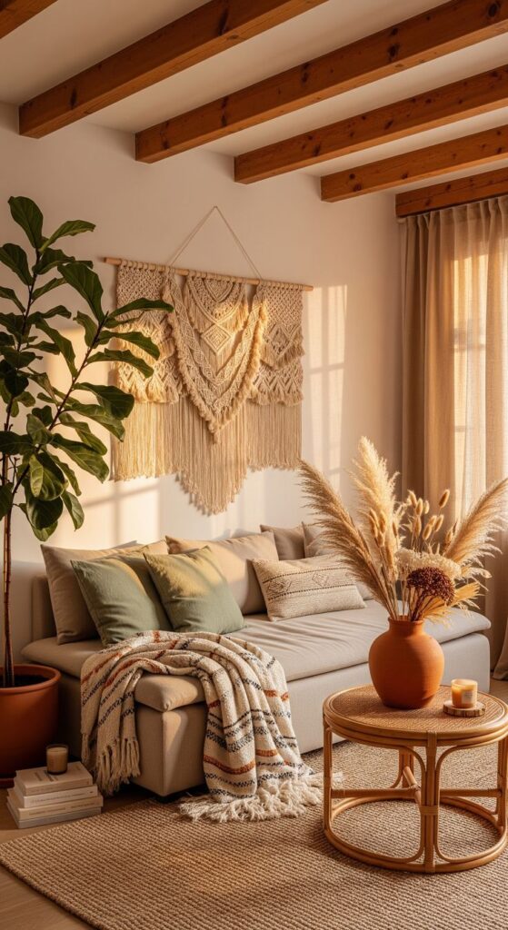 Cozy Scandi Boho Living Room_ Earthy Cottage Vibe Beige Linen Sofa Golden Hour Sun - Handy Home Cozy living room with macramé wall hanging, beige sofa, green cushions, boho decor, and natural light.