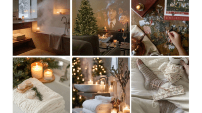 Cozy holiday ambiance with candles, a warm bath, Christmas tree, puzzle, knitting, and festive decorations for a relaxing winter vibe.